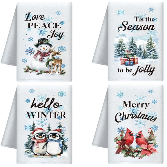 Christmas Scene Decorative Kitchen Towels Set of 4 Soft Absorbent Microfiber Dish Towel for Kitchen Tea Coffee Bar Home Best Gift