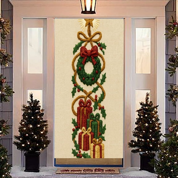 Christmas Scene Door Cover Background, High-Definition Print Holiday Decor for Photo Booth and Storefront, Reusable Fabric Curtain for Yearly Celebration(A)