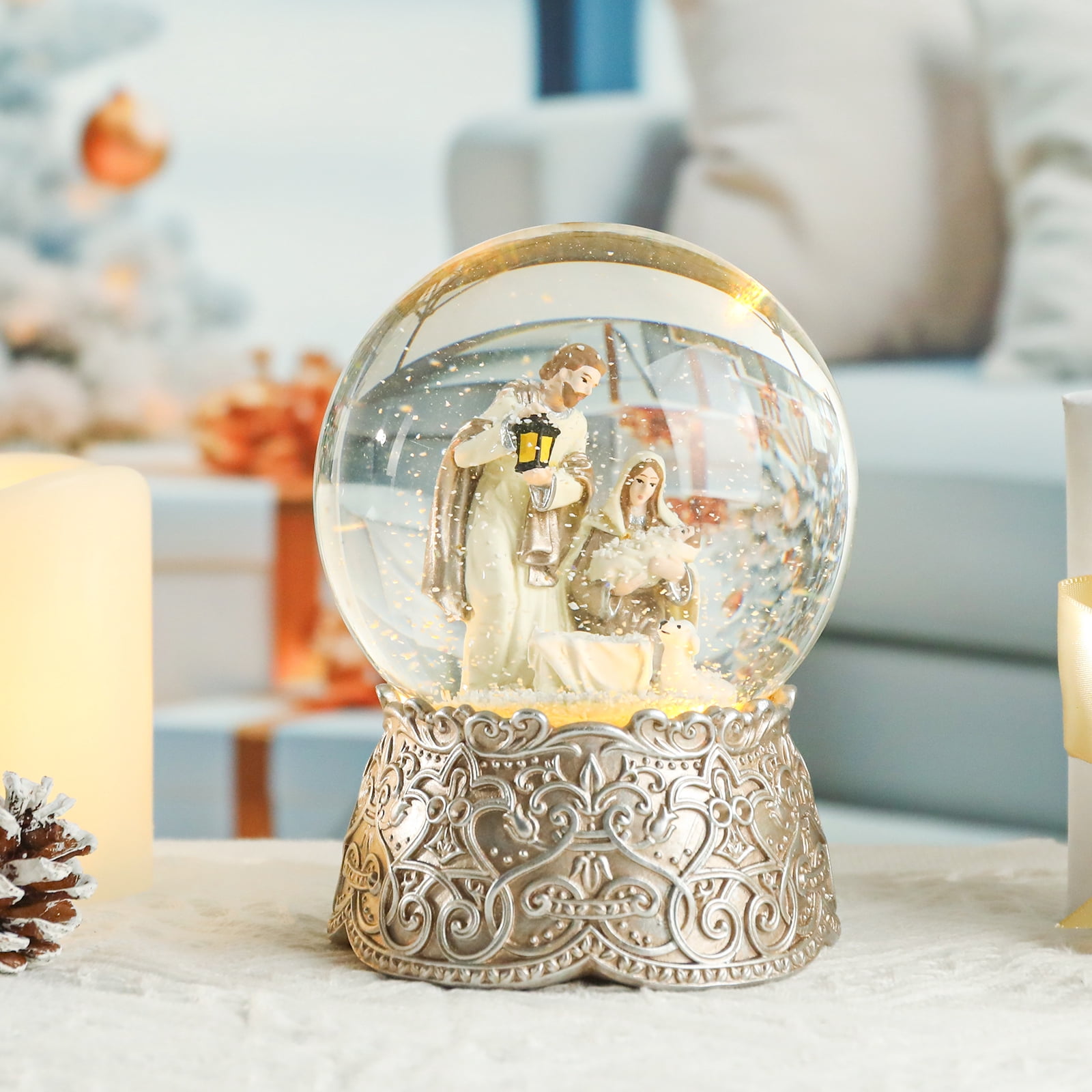 Christmas Scene Music Snow Globe - Religious Holiday Decor with Glitter ...
