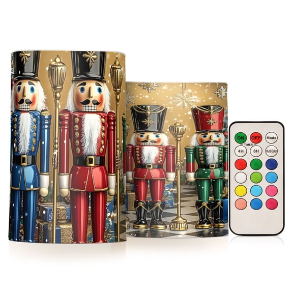 Christmas Scene Nutcracker Flickering Flameless Candles Battery Operated with Remote Timer LED Pillar Candles Set of 2