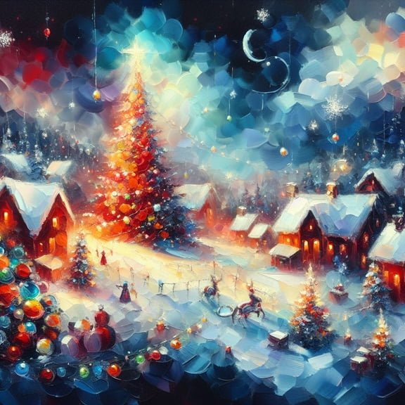 Christmas Scene Oil Painting II - 12" x 18" Art Print Wall Decor