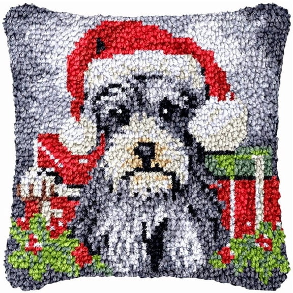 Christmas Schnauzer Latch Hook Kits Pillow DIY Rug Crochet Hook Cushion Making Kits with Preprinted Pattern Canvas Instruction Yarns and Latch Hooking Pillow Cover Easy to Starter DIY Kits 43x43cm