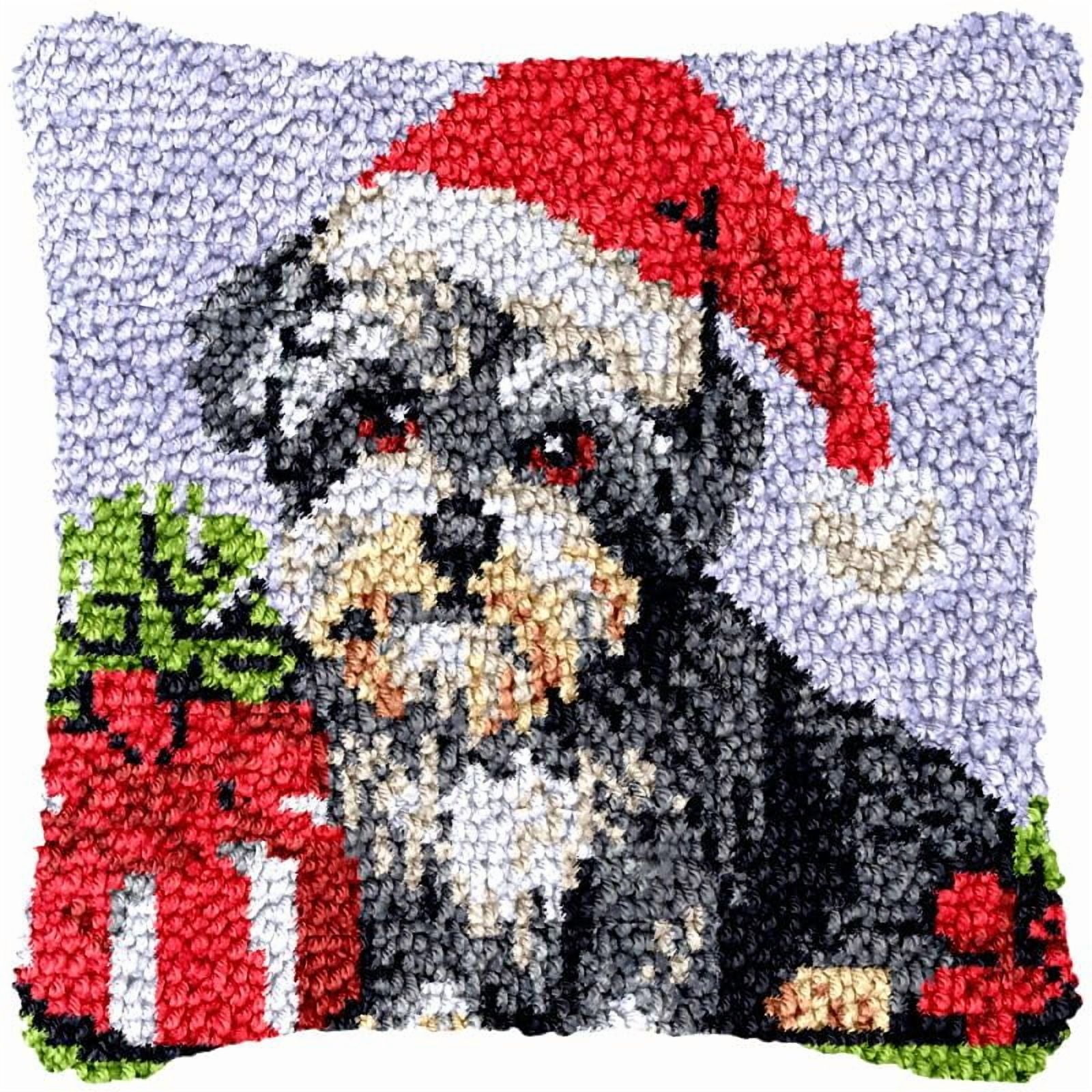 Christmas Schnauzer Latch Hook Pillow Cover Kits for DIY Handmade Throw Pillow Cross Stitch Latch Hook Pillowcase Rug Kits with Preprinted Color Pattern Canvas Crochet Yarn Kits 17''X 17''(ys162)