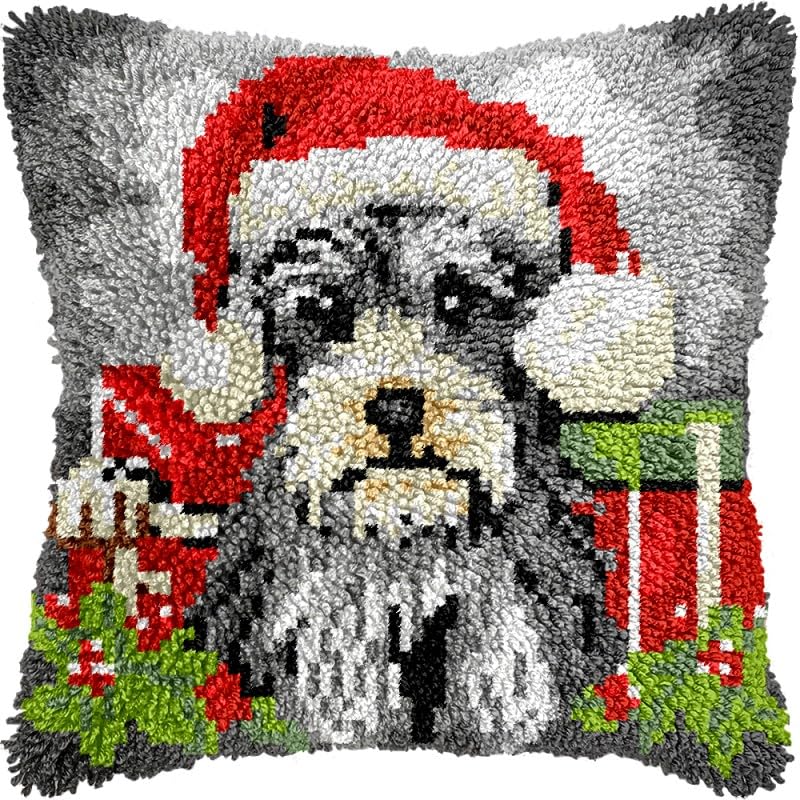 Christmas Schnauzer Latch Hook Pillows Kits Cushion Pillow Cover with Pattern Printed Canvas Sofa Hooking Pillowcase Crafts Embroidery Latch Hooking Crochet Kits Set 17x17 inch(1)
