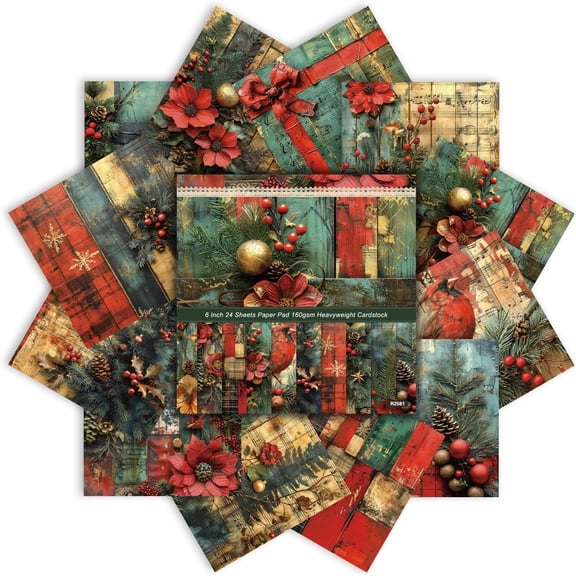 Christmas Scrapbook Paper Pad 24 Sheets Scrapbooking Supplies, Single-Sided Patterned Cardstock Pads for Card Making, Designer Planner Journals, Background Borders, Greeting Cards 6"6