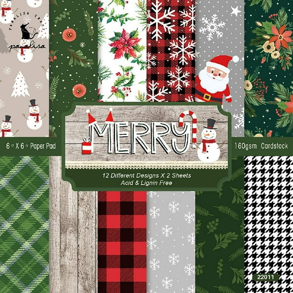 Christmas Themed Scrapbook Paper 6x6 Inches, 24 Sheets Cardstock Pad for DIY Cards, Journals, Gift Box Decoration, Planner Pages, Crafting, Multicolor