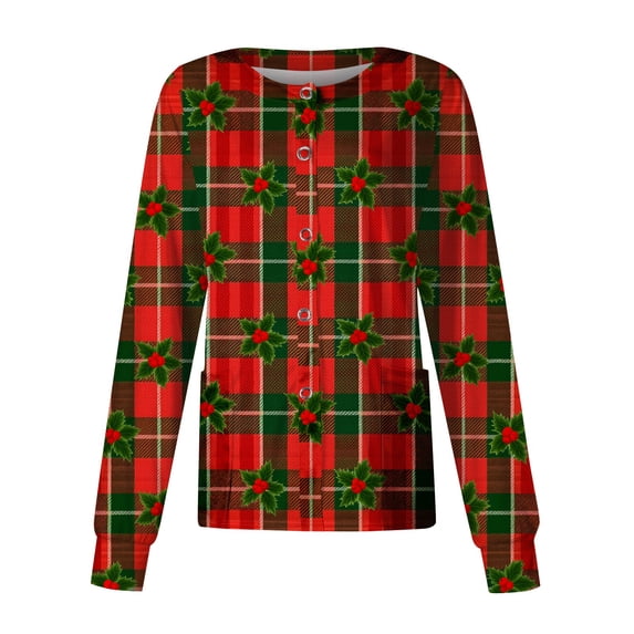 Christmas Scrub Jackets for Women Christmas Plaid Graphic Long Sleeve Stretchy Nursing Uniforms Casual Button Down Snap Front Scrub Shirts with Pockets Plus Size Jackets Vermilion,4XL