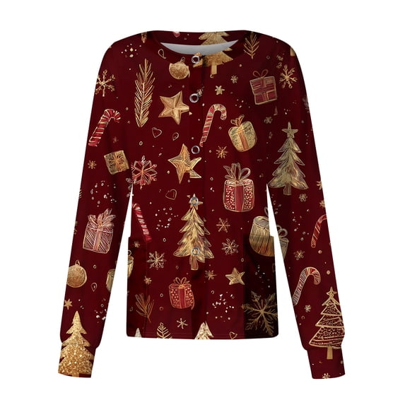 Christmas Scrub Jackets for Women Christmas Tree Print Holiday Long Sleeve Nurse Work Uniform with Pockets Plus Size Snap Front Button Down Scrub Tops Casual Jackets Wine,S