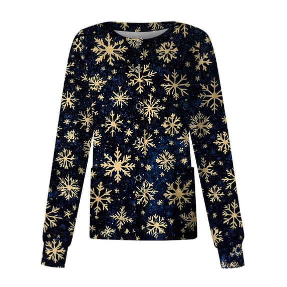 Christmas Scrub Jackets for Women Snowflake Print Long Sleeve Plus Size Nurse Work Uniform with Pockets Holiday Snap Front Button Down Scrubs Stretchy Jackets Navy,S