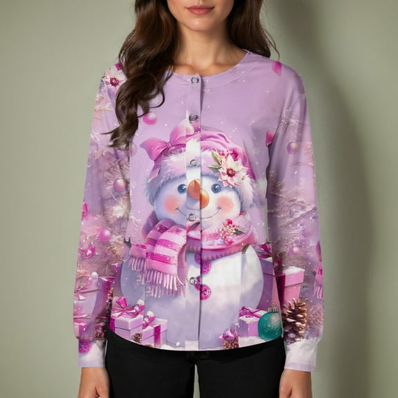 Christmas Scrub Jackets for Woman Crew Neck Long Sleeve Snap Front Nurses Uniforms Snowflake Print Working Stretchy Nurse Jacket