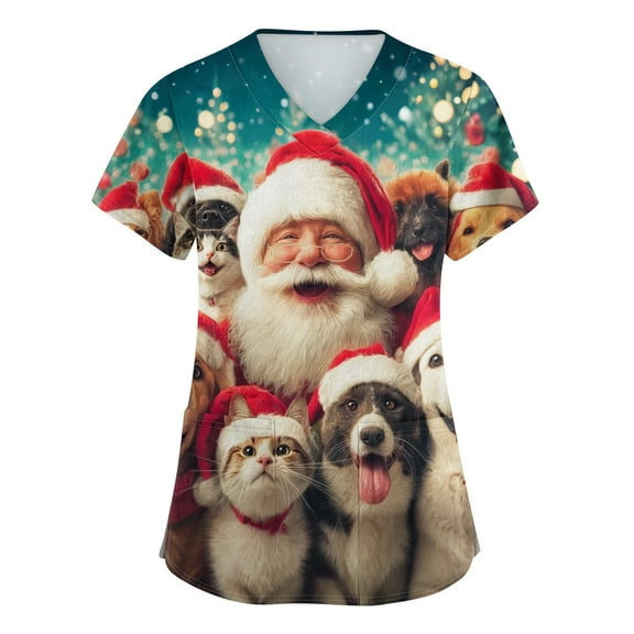 Christmas Scrub Shirts For Women，Christmas Scrub Tops Women Plus Size Nursing Uniforms V-Neck Short Sleeve Fun Printed Scrubs Top With Pockets，Mint Green，XXL