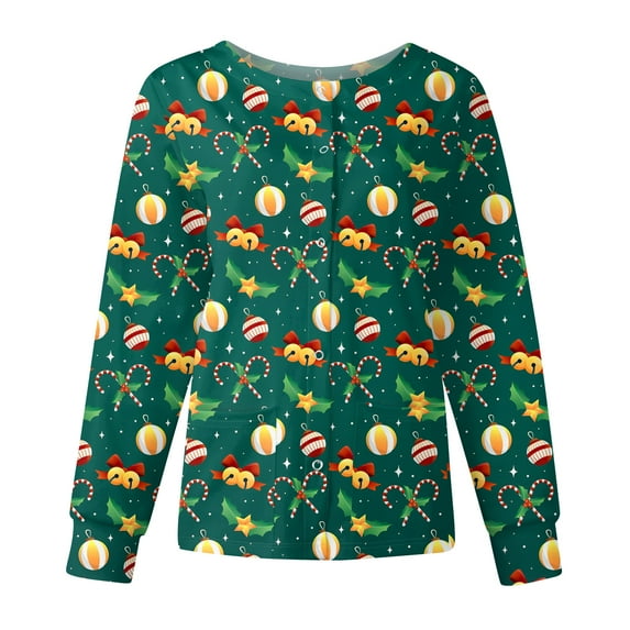 Christmas Scrub Shirts for Women Long Sleeve Snap Front Xmas Cute Printed Christmas Nurse Uniforms Workwear Tops with Pockets