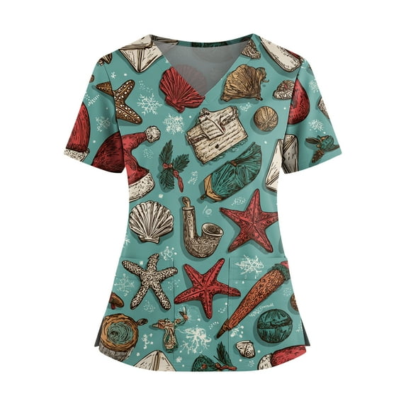 Christmas Scrub Tops Women Funny Xmas Print Tops for Women Short Sleeve Nursing Uniforms Christmas Working Scrub Shirts with Pockets