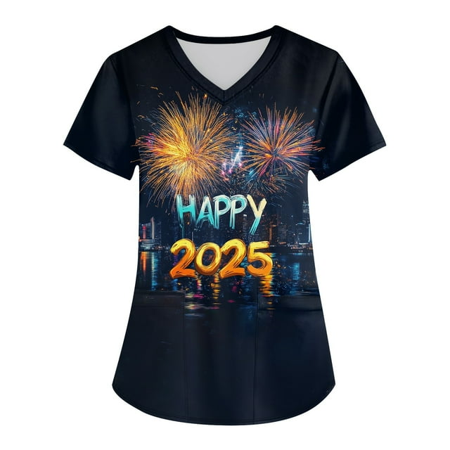 Christmas Scrub Tops Women Maternity Short Sleeve Happy New Year 2025 Santa Claus V Neck Scrub Tops Gift Tree with Pockets Shirts Funny Lightweight Scrubs Dark Blue 3XL