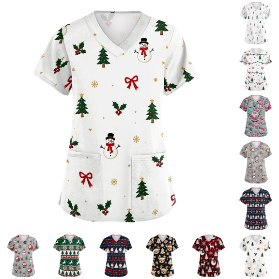 Christmas Scrub Tops Women Print Plus Size Scrubs Shirts Christmas Scrubs for Women, Holiday Festive Print, Short Sleeve, Side Pockets, Micro-Elastic Stretch, Plus Size Available