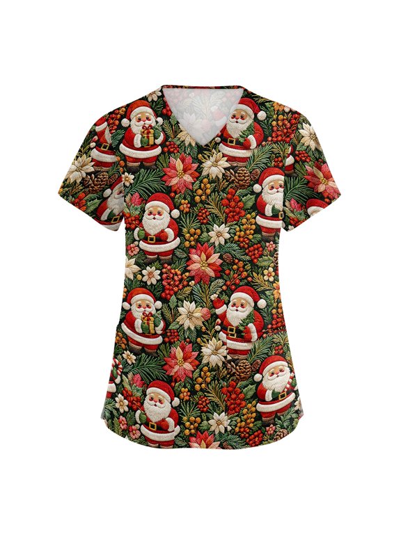 Christmas Scrub Tops Women Print V-Neck Casual Short Sleeve Medical Nursing Uniforms Holiday Christmas Santa Claus Graphic Plus Size Scrubs with Pockets Vermilion,M