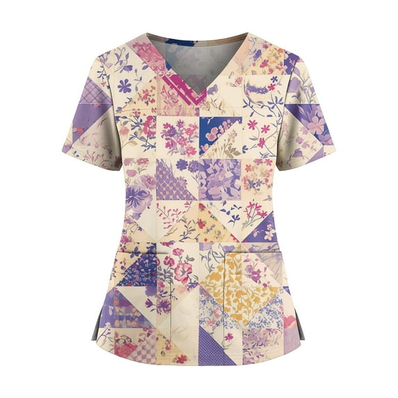 Christmas Scrub Tops, Women'S Plus Size Nurse Scrubs Floral Print V Neck Short Sleeve Top With Side Pockets, Split Hem-Comfortable Healthcare Work Uniform Tops Scrubs Coats (3XL, Purple) ZMTing