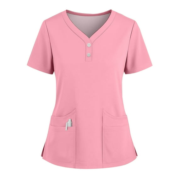 Christmas Scrub Tops, Women'S Plus Size Nurse Scrubs V Neck Short Sleeve Top With Side Slit & Multiple Pockets – Quick-Dry Scrubs For Women Tops Petite Pants Bodysuit Cardigan (XXL, Pink) ZMTing