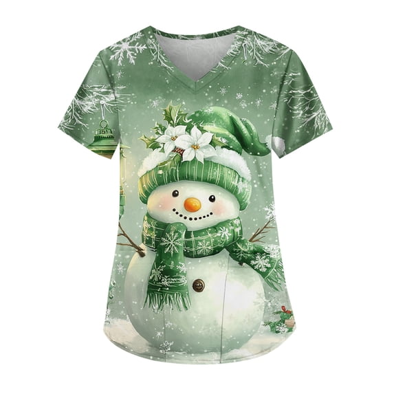 Christmas Scrub Tops Women Short Sleeve Plus Size Stretch V - Neck Fun Printed Scrubs Top Medical Nursing Uniforms with Pockets - 03 - Mint Green - 5XL