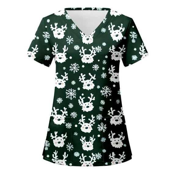 Christmas Scrub Tops for Women Funny Cute Xmas Print Short Sleeve V-Neck Shirts Trendy Casual Stretch Work Blouses with Pockets