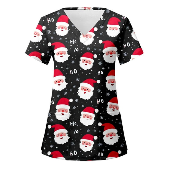 Christmas Scrub Tops for Women Funny Cute Xmas Print Short Sleeve V-Neck Shirts Trendy Casual Stretch Work Blouses with Pockets