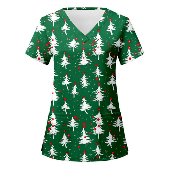 Christmas Scrub Tops for Women Funny Cute Xmas Print Short Sleeve V-Neck Shirts Trendy Casual Stretch Work Blouses with Pockets