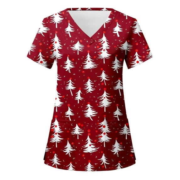 Christmas Scrub Tops for Women Funny Cute Xmas Print Short Sleeve V-Neck Shirts Trendy Casual Stretch Work Blouses with Pockets