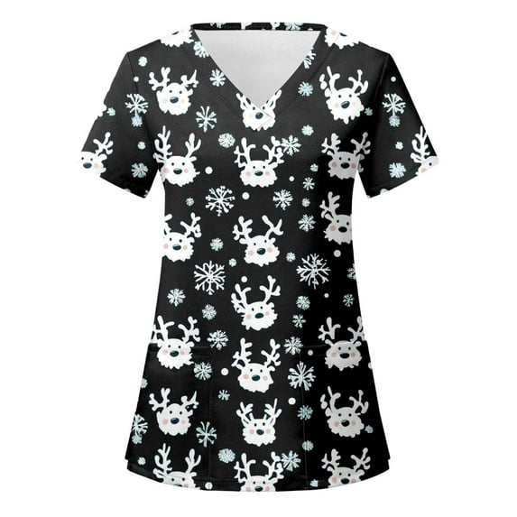 Christmas Scrub Tops for Women Funny Cute Xmas Print Short Sleeve V-Neck Shirts Trendy Casual Stretch Work Blouses with Pockets