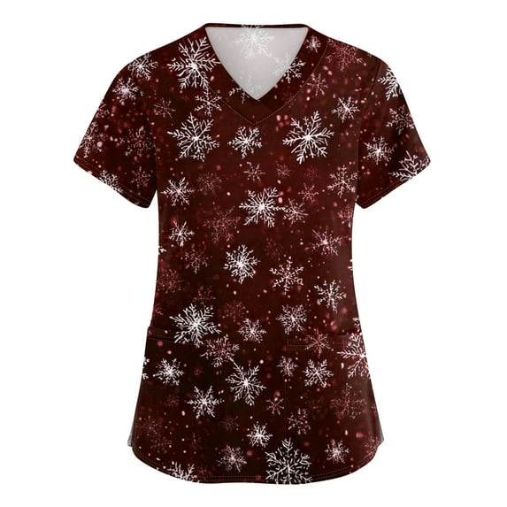 Christmas Scrub for Women for Nurses Christmas Tree Short Sleeve V-Neck Stretch Nursing Uniform Snowman Snowflake Print Work Scrub Top Plus Size Fall Cotton Nurse T-Shirts with Pockets Wine 5XL