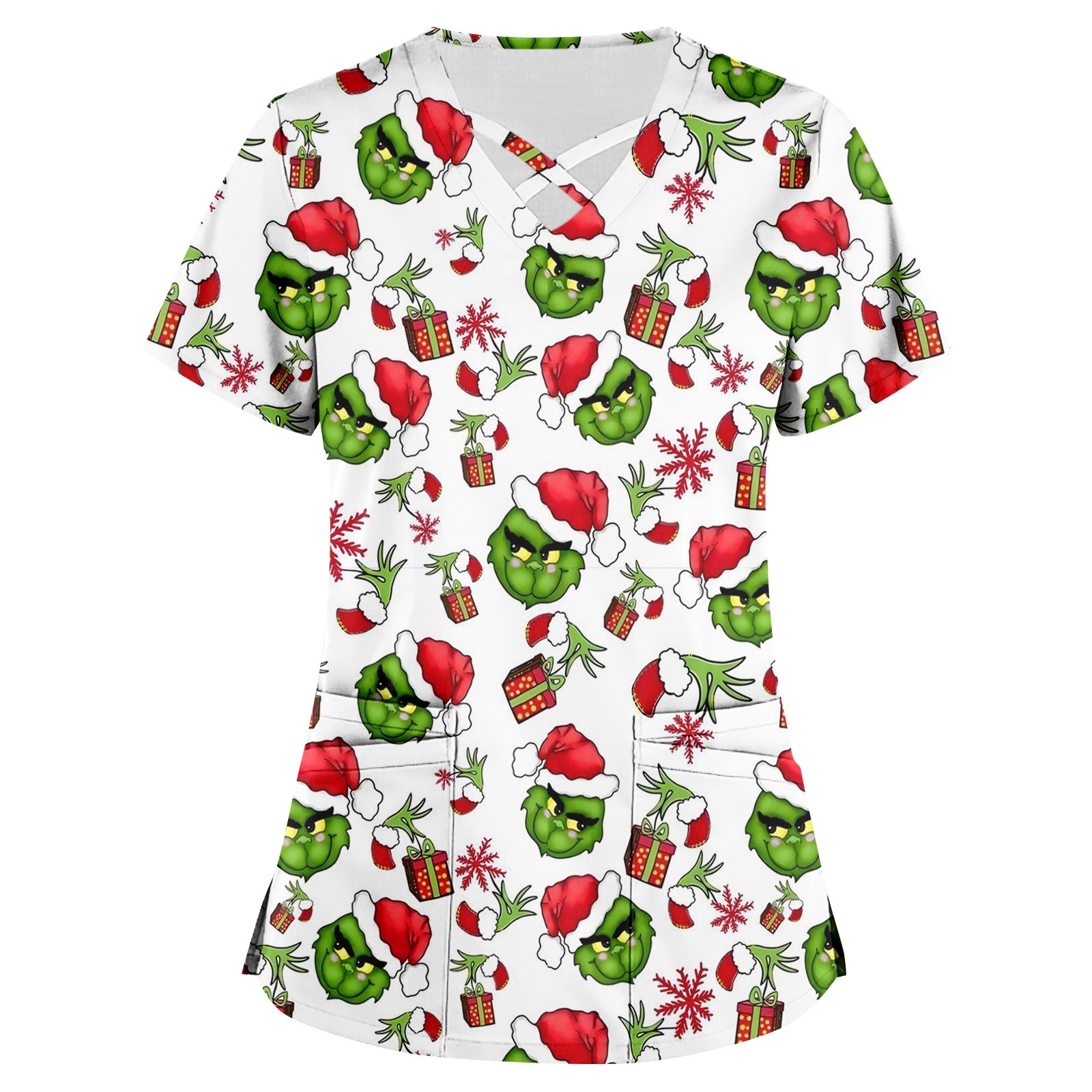 Cherokee Grinch Tooniforms V-Neck Scrub Top For Women - Dr. Seuss Christmas Multi-Color Pattern TF686 SECK