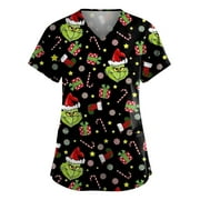 KYGABAK Christmas Scrubs Tops for Women, Women's Scrub Tops Grinch Printed V-Neck Nursing Scrubs Grinch Medical Scrubs Short Sleeve Nursing Working Uniform Tunic Blouse