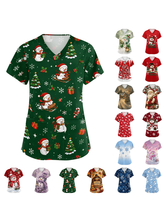 Christmas Scrubs Tops for Women Plus Size Stretchy Short Sleeve V Neck Xmas Nurse Scrub Holiday Medical Uniform