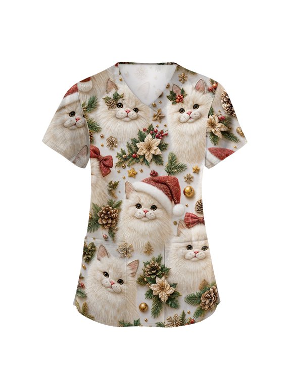 Christmas Scrubs Tops for Women Print Short Sleeve Holiday V-Neck Nursing Working Uniform with Pockets Stretchy Cat Print Casual Scrub Tops Red,M