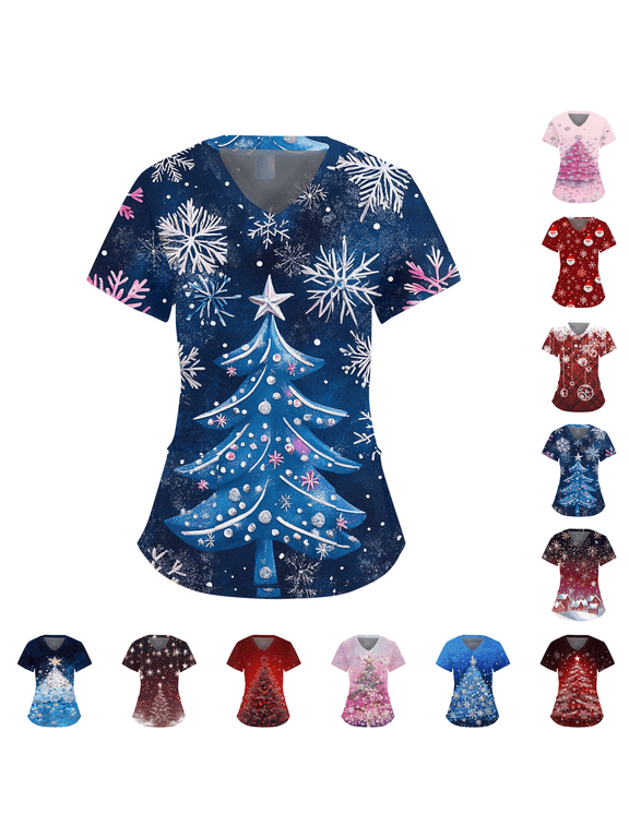 Christmas Scrubs Tops for Women V Neck Short Sleeve Two Pocket Ugly Christmas Sweater Pattern Print Nurse Uniform Medical Top