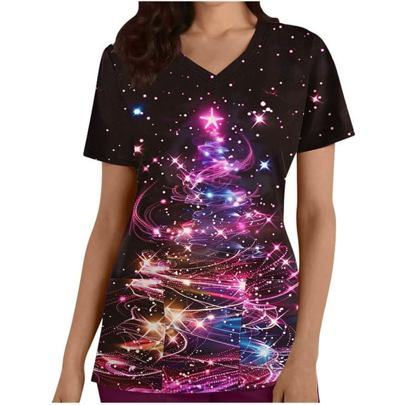 Christmas Scrubs for Women, Aofany Xmas Tree Print Scrubs Tops Workwear Short Sleeve V Neck Nurse Shirt Working Uniforms Medical Scrubs with Pockets
