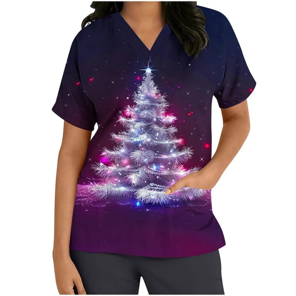 Christmas Scrubs for Women, Aofany Xmas Tree Print Scrubs Tops Workwear Short Sleeve V Neck Nurse Shirt Working Uniforms Medical Scrubs with Pockets