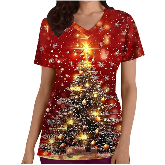 Christmas Scrubs for Women, Aofany Xmas Tree Print Scrubs Tops Workwear Short Sleeve V Neck Nurse Shirt Working Uniforms Medical Scrubs with Pockets