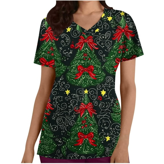 Christmas Scrubs for Women, Aofany Xmas Tree Print Scrubs Tops Workwear Short Sleeve V Neck Nurse Shirt Working Uniforms Medical Scrubs with Pockets