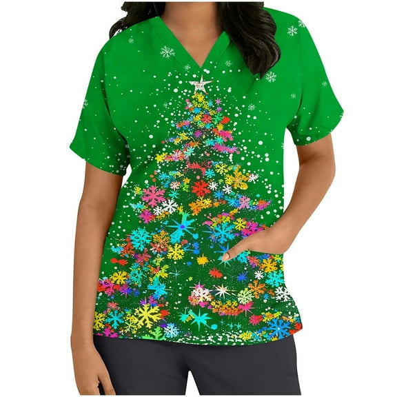 Christmas Scrubs for Women, Aofany Xmas Tree Print Scrubs Tops Workwear Short Sleeve V Neck Nurse Shirt Working Uniforms Medical Scrubs with Pockets