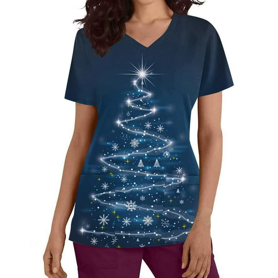 Christmas Scrubs for Women, Aofany Xmas Tree Print Scrubs Tops Workwear Short Sleeve V Neck Nurse Shirt Working Uniforms Medical Scrubs with Pockets