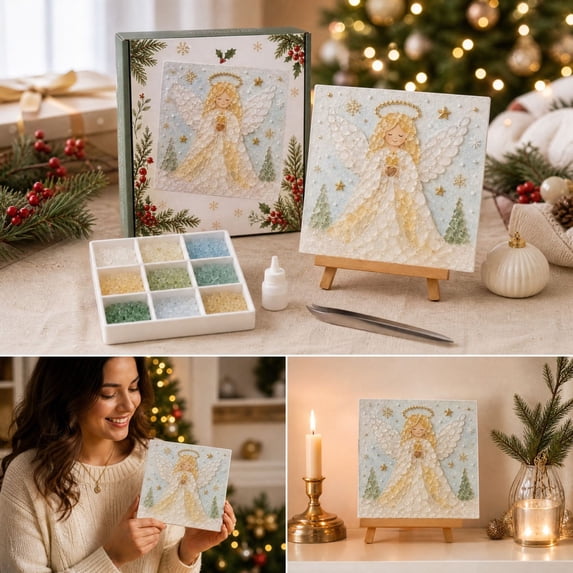 Christmas Sea Glass Art Kit for Adults & Beginners (Angel) DIY Mosaic Craft Kit, Holiday Handmade Artwork Set, Santa Christmas Decor & Creative Craft Gift