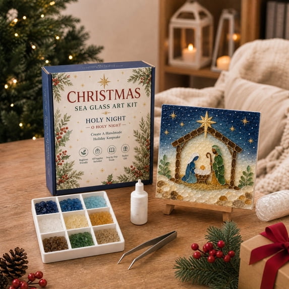 Christmas Sea Glass Art Kit for Adults & Beginners (Nativity Scene) DIY Mosaic Craft Kit, Holiday Handmade Artwork Set, Santa Christmas Decor & Creative Craft Gift