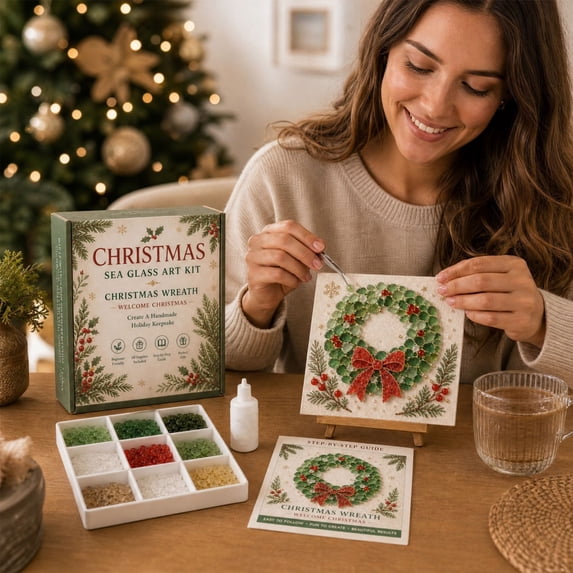Christmas Sea Glass Art Kit for Adults & Beginners (Wreath) DIY Mosaic Craft Kit, Holiday Handmade Artwork Set, Santa Christmas Decor & Creative Craft Gift