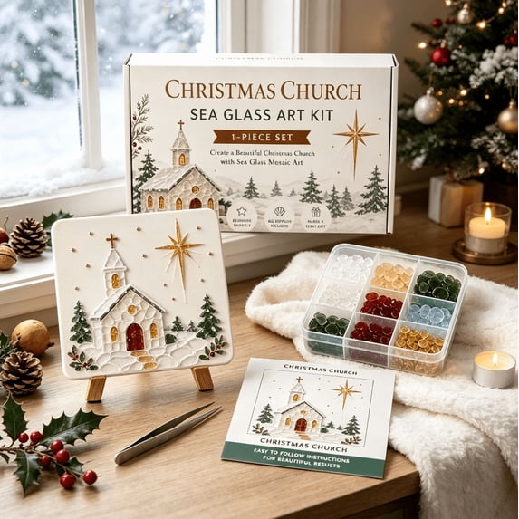 Christmas Sea Glass Art Kit DIY Craft Set, Holiday Mosaic Art Craft Kit with Colorful Glass Pieces for Home Decoration and Gift
