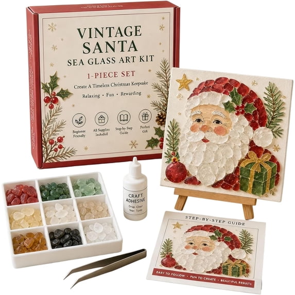 Christmas Sea Glass Art Kit, DIY Mosaic Art Craft Kit for Beginner & Adults | 7.9in Mosaic Craft Kit with Santa, Christmas Theme Artwork, DIY Home Decor, Craft Lovers Family Interaction Gift