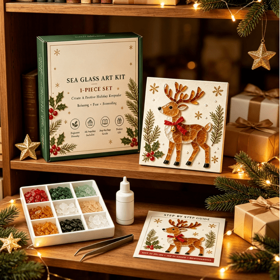 Christmas Sea Glass Art Kit DIY Mosaic Craft Set, Holiday Decor for Adults, Relaxing Art Project for Home, Christmas Gift Idea Christmas (Elk)
