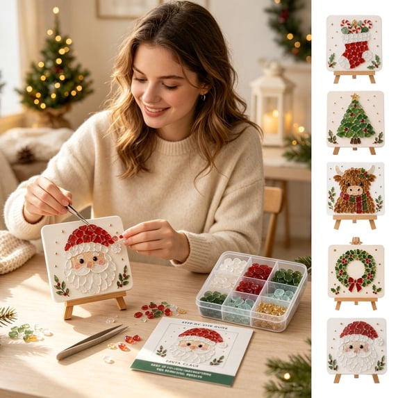 Christmas Sea Glass Art Kit, DIY Sea Glass Craft Making Set with Wooden Easel, Festive Holiday Art Supplies, Beginner Friendly Creative Handmade Gift for Home Wall Decoration