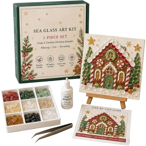 Christmas Sea Glass Art Kit, DIY Sea Glass Mosaic Art Kit for Beginner & Adults, Mosaic Craft Kit with Santa, Christmas Theme Artwork, DIY Home Decor, Craft Lovers Gift