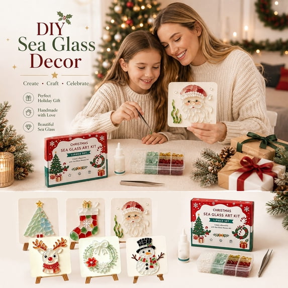 Christmas Sea Glass Art Kit, Diy Handmade Creative Project Set, Craft Kit for Adults, Kids Activity Kit, Christmas Decorations for Home, Includes Mosaic Glass Pieces, Art Board,