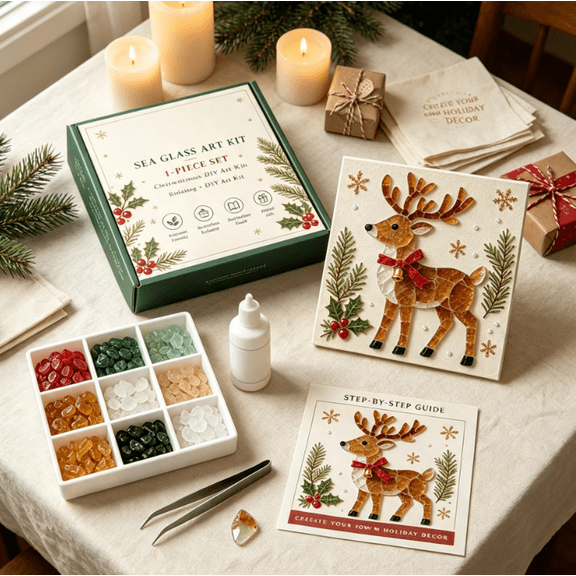 Christmas Sea Glass Art Kit Holiday Craft for Adults, Relaxing Mosaic Art Activity, Beautiful Seasonal Wall & Tabletop Decor Christmas Reindeer (Elk)